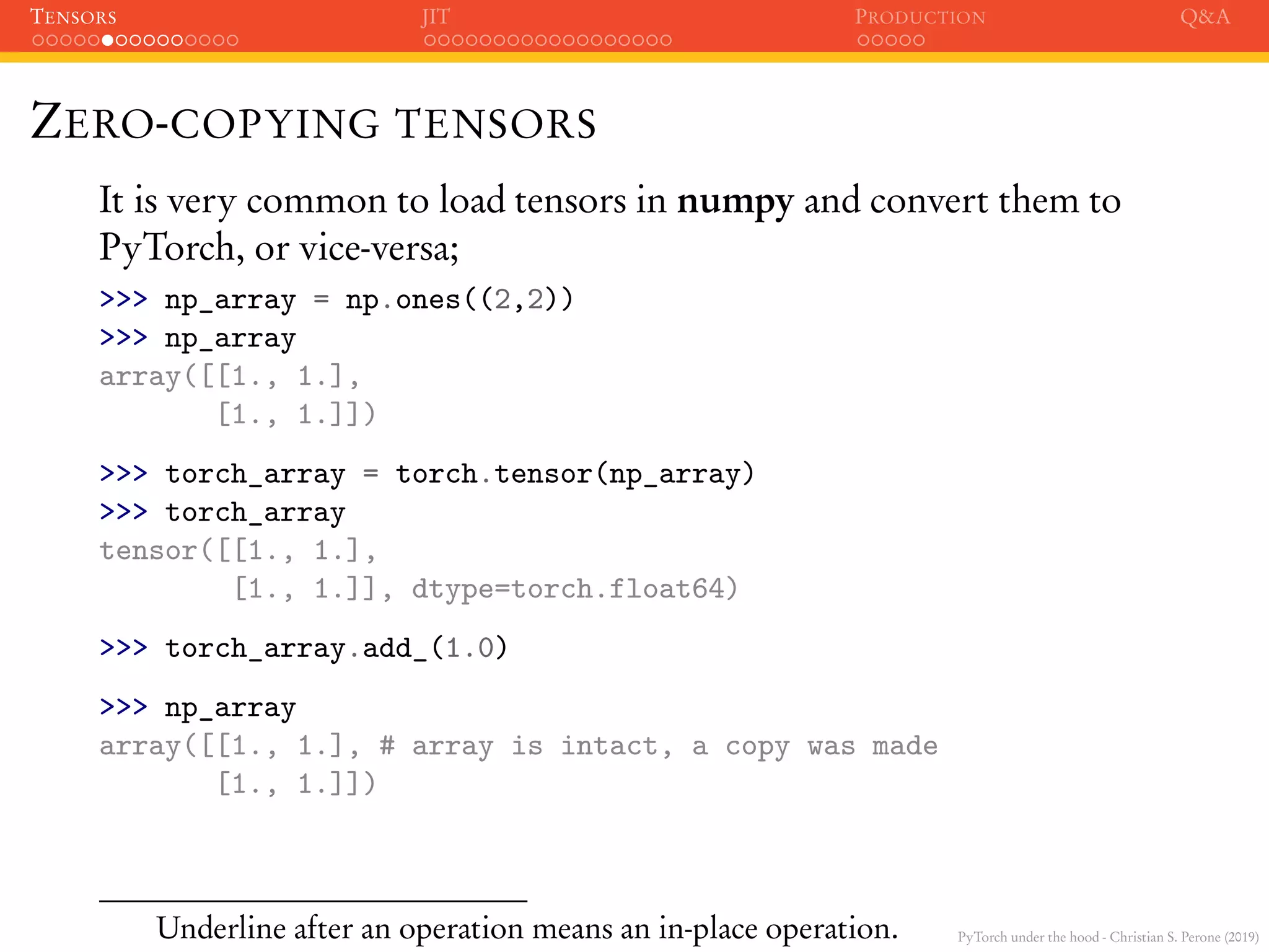 PyTorch under the hood - Christian S. Perone (2019)
TENSORS JIT PRODUCTION Q&A
ZERO-COPYING TENSORS
It is very common to load tensors in numpy and convert them to
PyTorch, or vice-versa;
>>> np_array = np.ones((2,2))
>>> np_array
array([[1., 1.],
[1., 1.]])
>>> torch_array = torch.tensor(np_array)
>>> torch_array
tensor([[1., 1.],
[1., 1.]], dtype=torch.float64)
>>> torch_array.add_(1.0)
>>> np_array
array([[1., 1.], # array is intact, a copy was made
[1., 1.]])
Underline after an operation means an in-place operation.
 