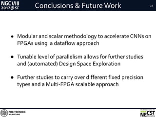 Conclusions & FutureWork 22
● Modular and scalar methodology to accelerate CNNs on
FPGAs using a dataflow approach
● Tunable level of parallelism allows for further studies
and (automated) Design Space Exploration
● Further studies to carry over different fixed precision
types and a Multi-FPGA scalable approach
 