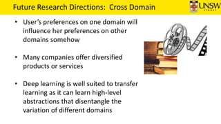 Future Research Directions: Cross Domain
• User’s preferences on one domain will
influence her preferences on other
domain...