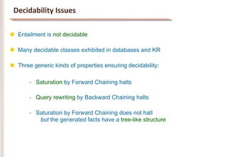 Decidability	
  Issues	
  

n  Entailment is not decidable

n  Many decidable classes exhibited in databases and KR

n  Three generic kinds of properties ensuring decidability:

       -  Saturation by Forward Chaining halts

       -  Query rewriting by Backward Chaining halts

       -  Saturation by Forward Chaining does not halt
           but the generated facts have a tree-like structure
 