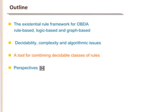 Outline	
  

n  The existential rule framework for OBDA
    rule-based, logic-based and graph-based


n  Decidability, complexity and algorithmic issues


n  A tool for combining decidable classes of rules


n  Perspectives
 