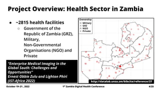 4/25
October 19–21 , 2022 1st
Zambia Digital Health Conference
Project Overview: Health Sector in Zambia
● ~2815 health facilities
○ Government of the
Republic of Zambia (GRZ),
Military,
Non-Governmental
Organisations (NGO) and
Private
http://datalab.unza.zm/bibcite/reference/37
“Enterprise Medical Imaging in the
Global South: Challenges and
Opportunities”
Ernest Obbie Zulu and Lighton Phiri
(IST-Africa 2022)
 
