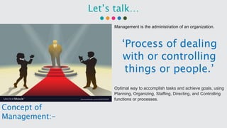Let’s talk…
‘Process of dealing
with or controlling
things or people.’
Concept of
Management:-
Management is the administration of an organization.
Optimal way to accomplish tasks and achieve goals, using
Planning, Organizing, Staffing, Directing, and Controlling
functions or processes.
 