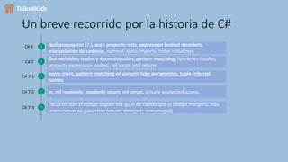 Un breve recorrido por la historia de C#
C# 6 Null propagator (?.), auto property inits, expression bodied members,
interpolación de cadenas, nameof, static imports, index initializers
C# 7
Out variables, tuplas y deconstrucción, pattern matching, funciones locales,
property expression bodied, ref locals and returns
C# 7.1
async main, pattern matching on generic type parameters, tuple inferred
names
C# 7.2 in, ref readonly, readonly struct, ref struct, private protected access
C# 7.3
Focus en que el código seguro sea igual de rápido que el código inseguro, más
restricciones en genéricos (enum, delegate, unmanaged)
 