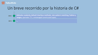 Un breve recorrido por la historia de C#
C# 8 Métodos readonly, default interface methods, más pattern matching, Índices y
rangos, operador ??=, unmanaged constructed types,
C# 9 …
 