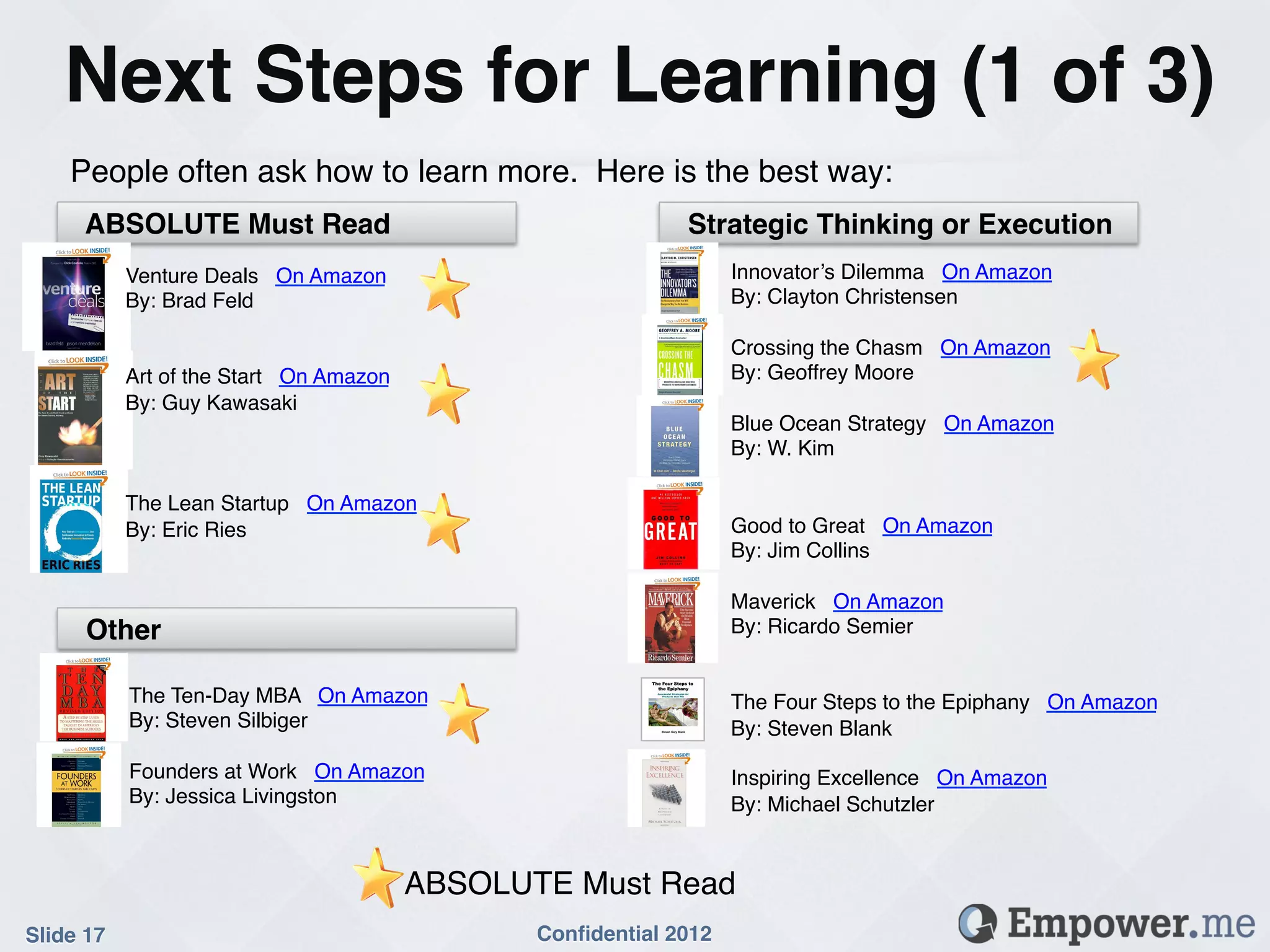 Next Steps for Learning (1 of 3)!
    People often ask how to learn more. Here is the best way:!
      ABSOLUTE Must Read!                                 Strategic Thinking or Execution!
            Venture Deals On Amazon!                            Innovator’s Dilemma On Amazon!
            By: Brad Feld!                                      By: Clayton Christensen!
            !                                                   !
            !                                                   Crossing the Chasm On Amazon!
            Art of the Start On Amazon!                         By: Geoffrey Moore!
            By: Guy Kawasaki!                                   !
            !                                                   Blue Ocean Strategy On Amazon!
            !                                                   By: W. Kim!
            !                                                   !
            The Lean Startup On Amazon!                         !
            By: Eric Ries!                                      Good to Great On Amazon!
            !                                                   By: Jim Collins!
                                                                !
                                                                Maverick On Amazon!
      Other!                                                    By: Ricardo Semier!
                                                                !
                                                                !
            The Ten-Day MBA On Amazon!                          The Four Steps to the Epiphany On Amazon!
            By: Steven Silbiger!                                By: Steven Blank!
            !                                                   !
            Founders at Work On Amazon!                         Inspiring Excellence On Amazon!
            By: Jessica Livingston!                             By: Michael Schutzler!
            !
            !
            !
                                     ABSOLUTE Must Read!
Slide 17!                                   Conﬁdential 2012!
 