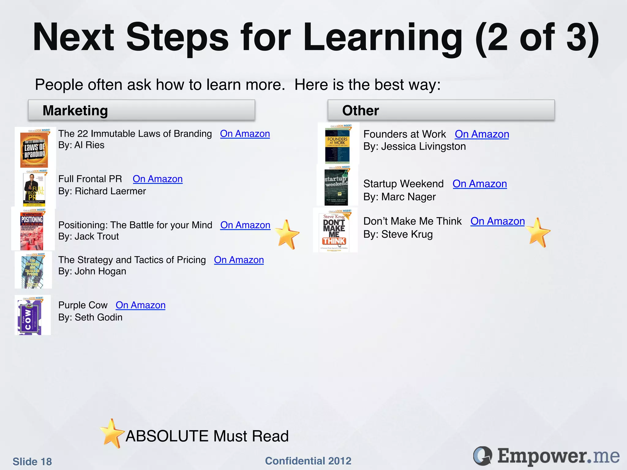 Next Steps for Learning (2 of 3)!
    People often ask how to learn more. Here is the best way:!
      Marketing!                                                        Other!
            The 22 Immutable Laws of Branding On Amazon!                      Founders at Work On Amazon!
            By: Al Ries!                                                      By: Jessica Livingston!
            !                                                                 !
            !                                                                 !
            Full Frontal PR On Amazon!
                                                                              Startup Weekend On Amazon!
            By: Richard Laermer!
                                                                              By: Marc Nager!
            !
            !                                                                 !
            Positioning: The Battle for your Mind On Amazon!                  Don’t Make Me Think On Amazon!
            By: Jack Trout!                                                   By: Steve Krug!
            !                                                                 !
            The Strategy and Tactics of Pricing On Amazon!                    !
            By: John Hogan!
            !
            !
            Purple Cow On Amazon!
            By: Seth Godin!
            !
            !




                          ABSOLUTE Must Read!
Slide 18!                                                 Conﬁdential 2012!
 