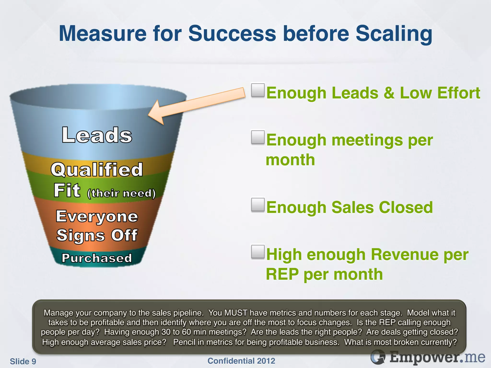Measure for Success before Scaling!

                                                                   !   Enough Leads & Low Effort!
                                                                   !
                                                                   !   Enough meetings per
                                                                       month!

                                                                   !   Enough Sales Closed!

                                                                   !   High enough Revenue per
                                                                       REP per month!

            Manage your company to the sales pipeline. You MUST have metrics and numbers for each stage. Model what it
             takes to be proﬁtable and then identify where you are off the most to focus changes. Is the REP calling enough
           people per day? Having enough 30 to 60 min meetings? Are the leads the right people? Are deals getting closed?
           High enough average sales price? Pencil in metrics for being proﬁtable business. What is most broken currently?!

Slide 9!                                               Conﬁdential 2012!
 