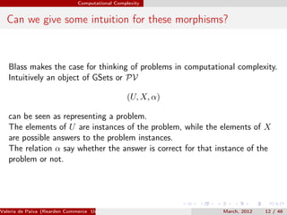 Computational Complexity


  Can we give some intuition for these morphisms?



   Blass makes the case for thinking of problems in computational complexity.
   Intuitively an object of GSets or PV

                                                  (U, X, α)

   can be seen as representing a problem.
   The elements of U are instances of the problem, while the elements of X
   are possible answers to the problem instances.
   The relation α say whether the answer is correct for that instance of the
   problem or not.




Valeria de Paiva (Rearden Commerce University of Birmingham )   March, 2012   12 / 46
 