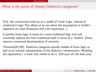 More Dialecticas


  What is the point of (these) Dialectica categories?


   First, the construction ends up as a model of Linear Logic, instead of
   constructive logic.This allows us to see where the assumptions in Godel’s
   argument are used (Dialectica still a bit mysterious...)
   It justiﬁes linear logic in terms of a more traditional logic tool and
   conversely explains the more traditional work in terms of a ‘modern’ (linear,
   resource conscious) decomposition of concerns.
   Theorems(87/89): Dialectica categories provide models of linear logic as
   well as an internal representation of the dialectica interpretation. Modeling
   the exponential ! is hard, ﬁrst model to do it. Still (one of) the best ones.




Valeria de Paiva (Rearden Commerce University of Birmingham )   March, 2012   38 / 46
 