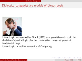 Dialectica Categories


  Dialectica categories are models of Linear Logic




   Linear Logic was created by Girard (1987) as a proof-theoretic tool: the
   dualities of classical logic plus the constructive content of proofs of
   intuitionistic logic.
   Linear Logic: a tool for semantics of Computing.




Valeria de Paiva (Rearden Commerce University of Birmingham )   March, 2012   6 / 46
 