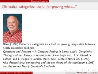 Dialectica Categories


  Dialectica categories: useful for proving what...?




   Blass (1995) Dialectica categories as a tool for proving inequalities between
   nearly countable cardinals.
   Questions and Answers – A Category Arising in Linear Logic, Complexity
   Theory, and Set Theory in Advances in Linear Logic (ed. J.-Y. Girard, Y.
   Lafont, and L. Regnier) London Math. Soc. Lecture Notes 222 (1995).
   Also Propositional connectives and the set theory of the continuum (1995)
   and the survey Nearly Countable Cardinals.

Valeria de Paiva (Rearden Commerce University of Birmingham )    March, 2012   8 / 46
 