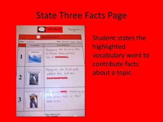 State Three Facts Page
Student states the
highlighted
vocabulary word to
contribute facts
about a topic.
 