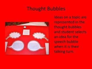 Thought Bubbles
Ideas on a topic are
represented in the
thought bubbles
and student selects
an idea for the
speech bubble
when it is their
talking turn.
 