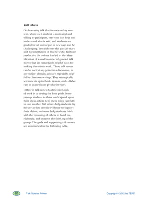 Copyright © 2012 by TERC10 Talk Science Primer
Talk Moves
Orchestrating talk that focuses on key con-
tent, where each student is motivated and
willing to participate, everyone can hear and
understand what is said, and students are
guided to talk and argue in new ways can be
challenging. Research over the past 20 years
and documentation of teachers who facilitate
productive discussions has led to the iden-
tification of a small number of general talk
moves that are remarkably helpful tools for
making discussions work. These talk moves
can be used at any point in a discussion, in
any subject domain, and are especially help-
ful in classroom settings. They strategically
set students up to think, reason, and collabo-
rate in academically productive ways.
Different talk moves do different kinds
of work in achieving the four goals. Some
prompt students to share and expand upon
their ideas, others help them listen carefully
to one another. Still others help students dig
deeper as they provide evidence to support
their claims, and some help students think
with the reasoning of others to build on,
elaborate, and improve the thinking of the
group. The goals and supporting talk moves
are summarized in the following table.
 