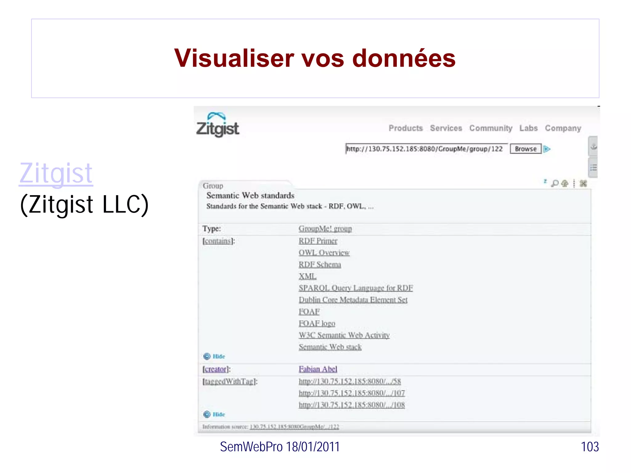 Visualiser vos données



Zitgist
(Zitgist LLC)




                   SemWebPro 18/01/2011   103
 