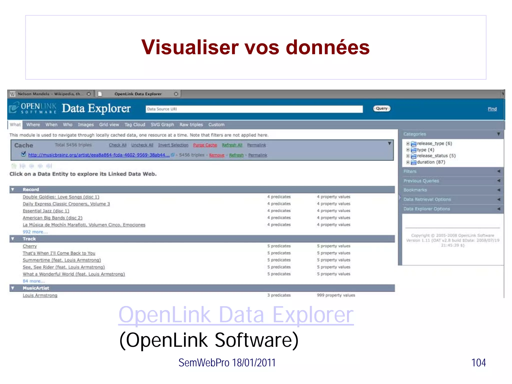 Visualiser vos données




OpenLink Data Explorer
(OpenLink Software)
      SemWebPro 18/01/2011   104
 