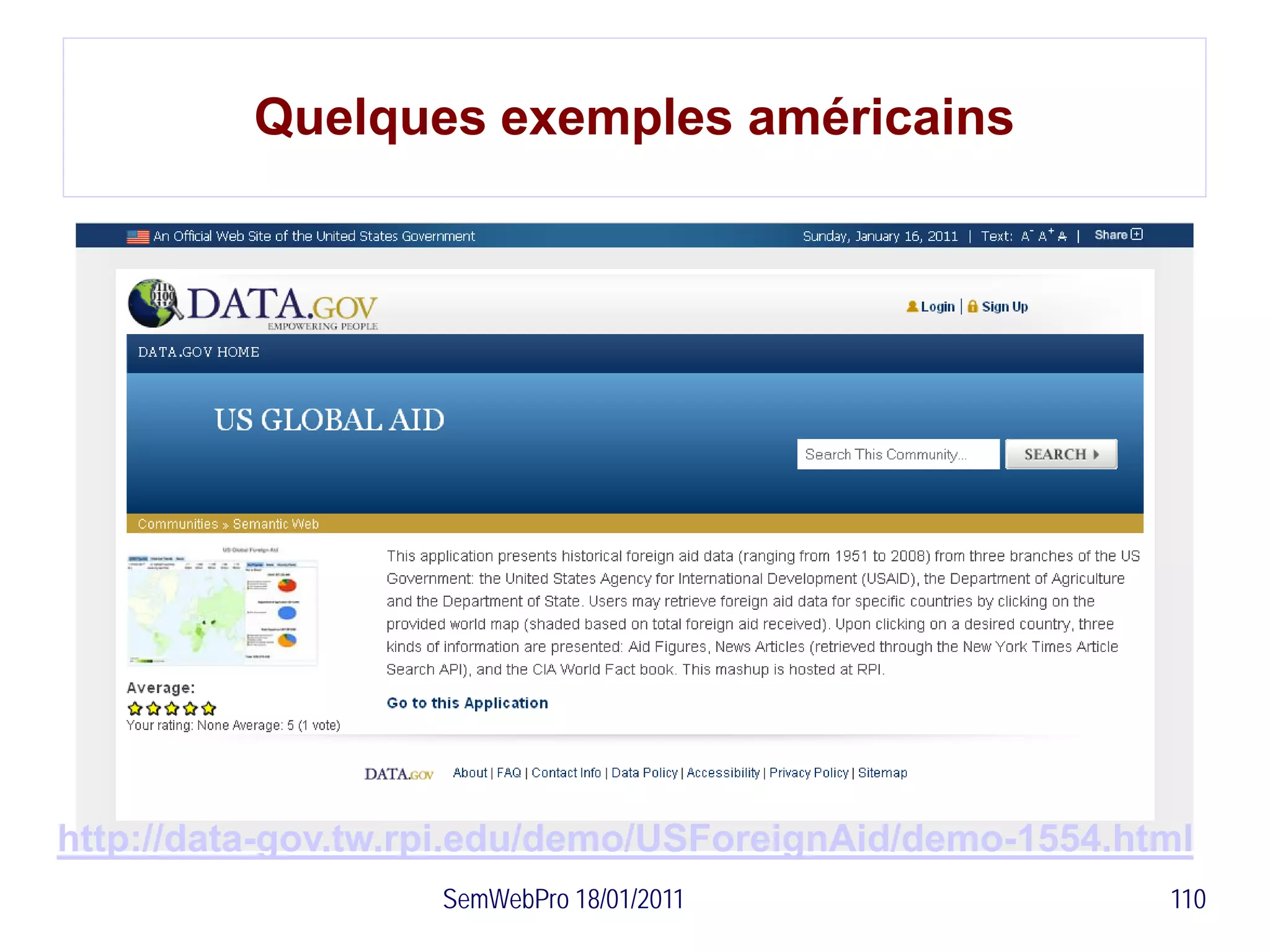 Quelques exemples américains




http://data-gov.tw.rpi.edu/demo/USForeignAid/demo-1554.html
                    SemWebPro 18/01/2011                 110
 