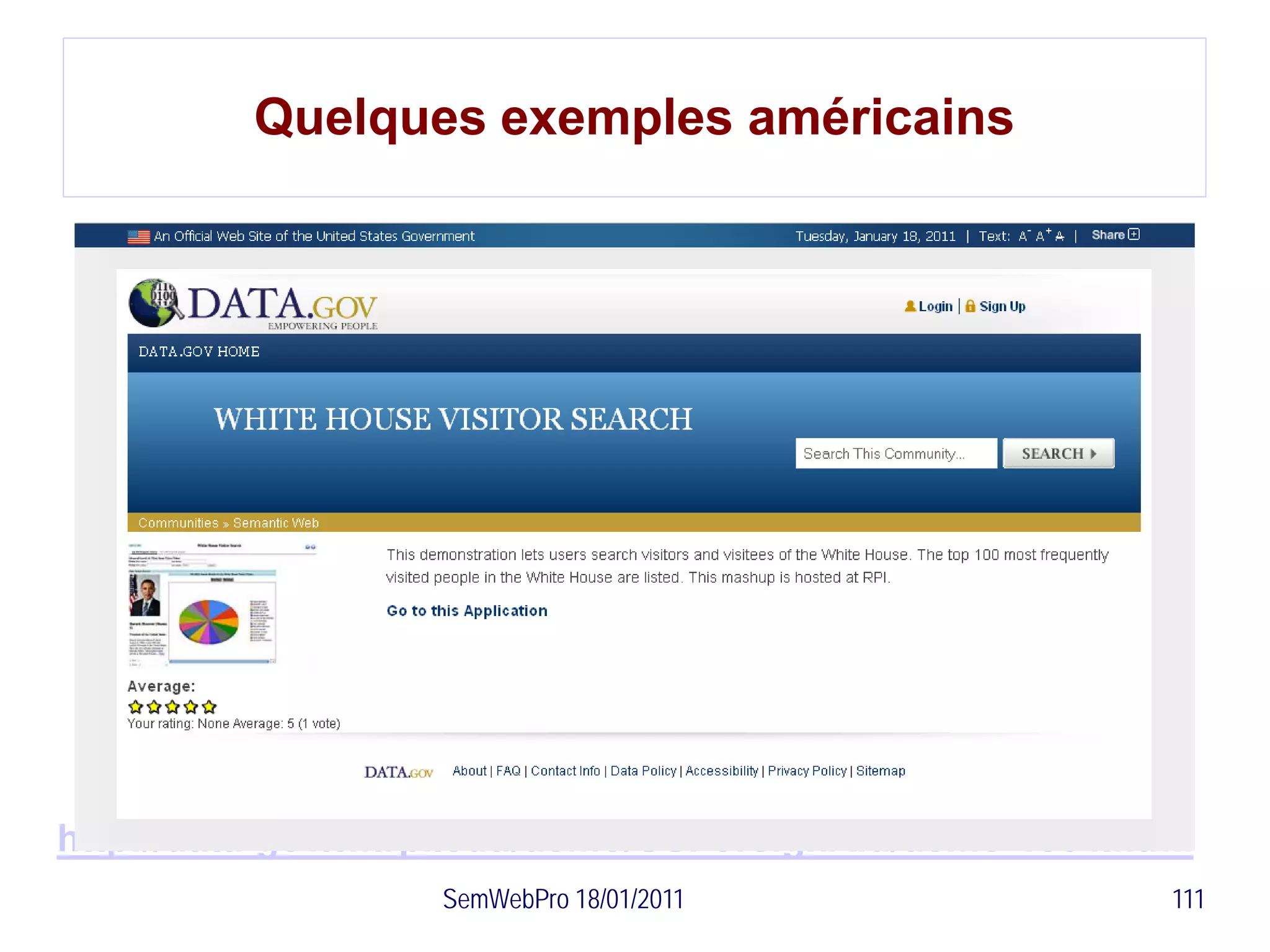 Quelques exemples américains




http://data-gov.tw.rpi.edu/demo/USForeignAid/demo-1554.html
                    SemWebPro 18/01/2011                 111
 