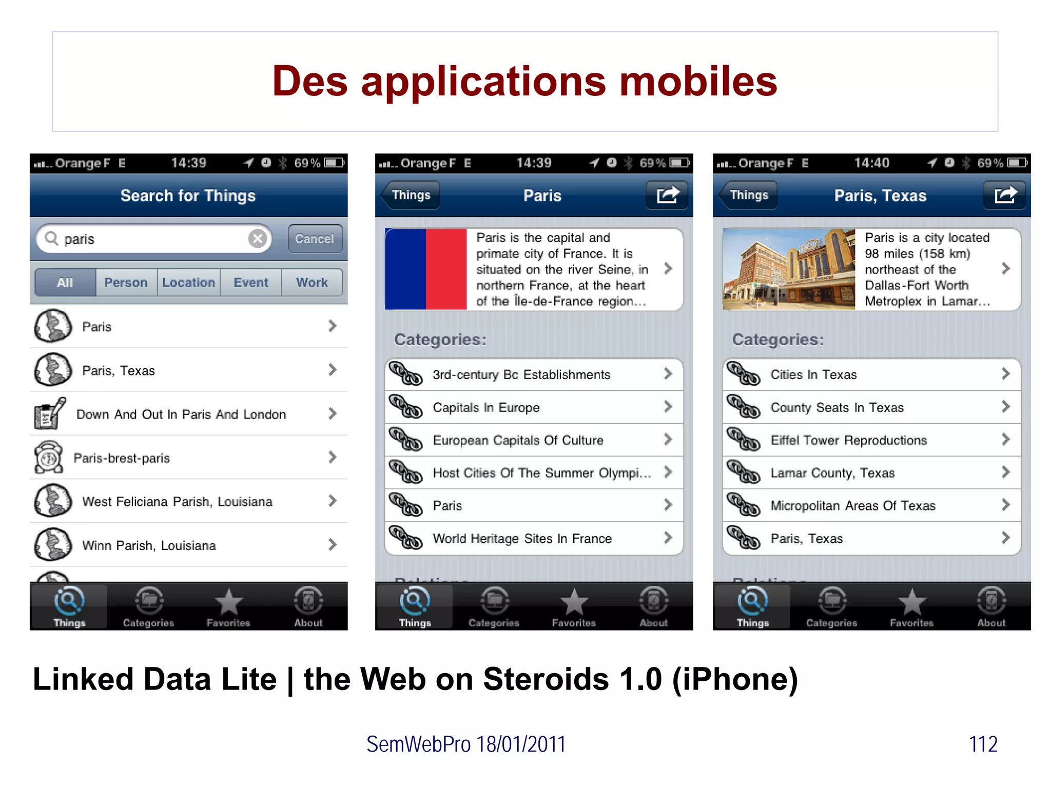 Des applications mobiles




Linked Data Lite | the Web on Steroids 1.0 (iPhone)
                      SemWebPro 18/01/2011            112
 