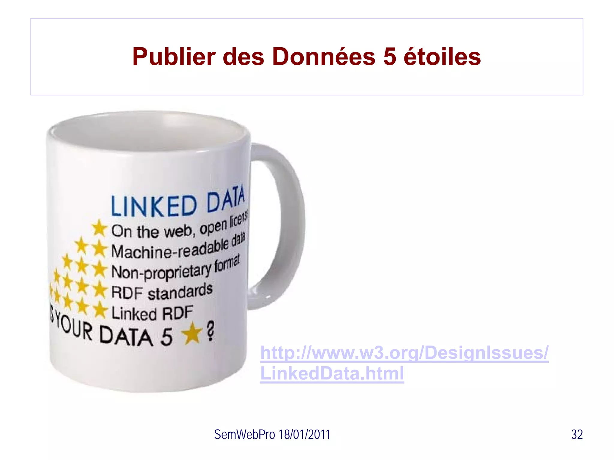 Publier des Données 5 étoiles




             http://www.w3.org/DesignIssues/
             LinkedData.html


      SemWebPro 18/01/2011                     32
 