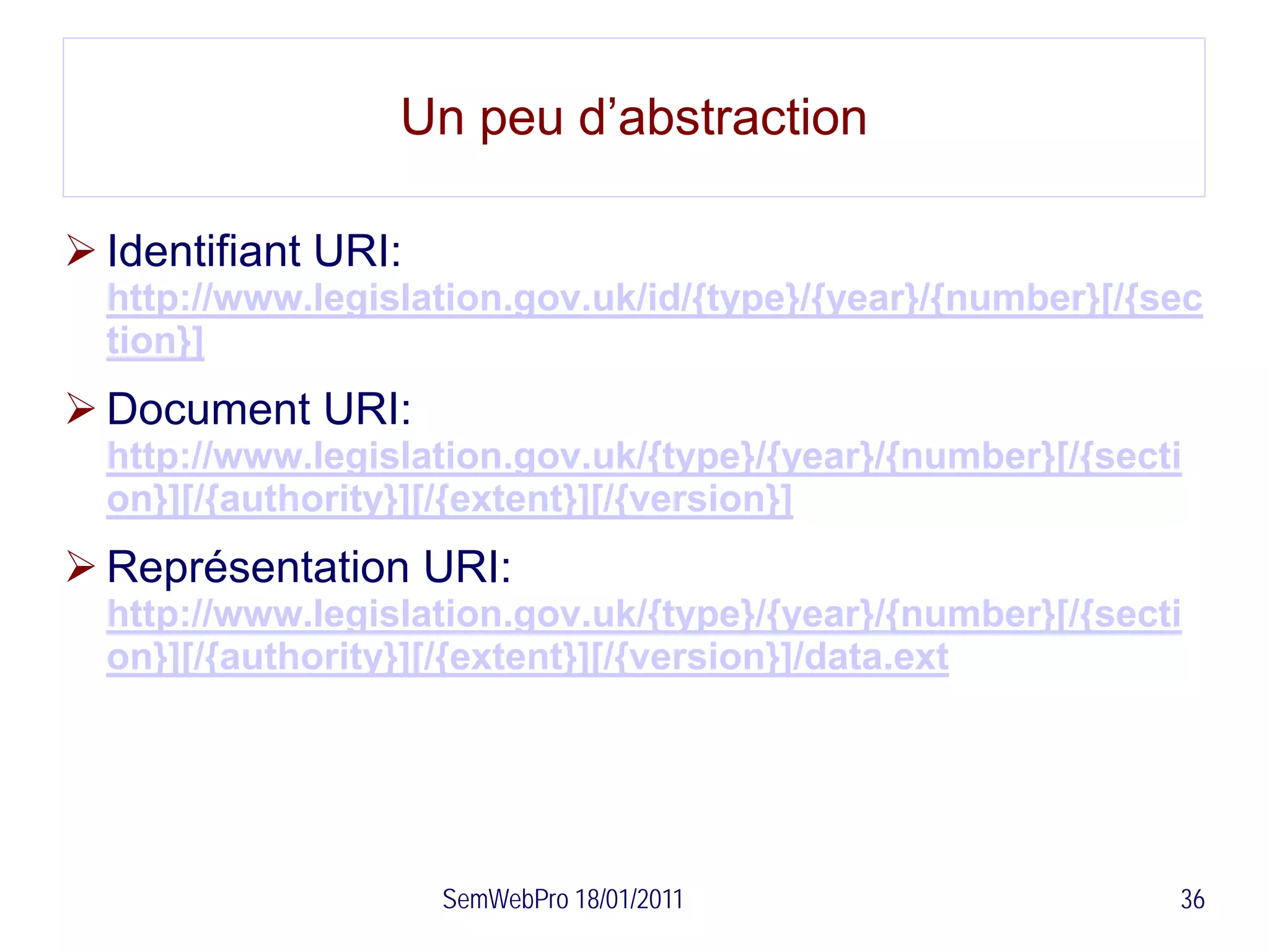 Un peu d’abstraction

 Identifiant URI:
  http://www.legislation.gov.uk/id/{type}/{year}/{number}[/{sec
  tion}]
 Document URI:
  http://www.legislation.gov.uk/{type}/{year}/{number}[/{secti
  on}][/{authority}][/{extent}][/{version}]
 Représentation URI:
  http://www.legislation.gov.uk/{type}/{year}/{number}[/{secti
  on}][/{authority}][/{extent}][/{version}]/data.ext




                     SemWebPro 18/01/2011                    36
 