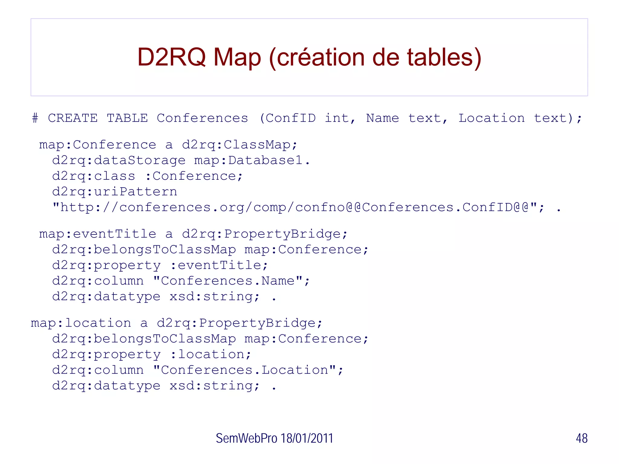 D2RQ Map (création de tables)

# CREATE TABLE Conferences (ConfID int, Name text, Location text);
 map:Conference a d2rq:ClassMap;
  d2rq:dataStorage map:Database1.
  d2rq:class :Conference;
  d2rq:uriPattern
  "http://conferences.org/comp/confno@@Conferences.ConfID@@"; .
 map:eventTitle a d2rq:PropertyBridge;
  d2rq:belongsToClassMap map:Conference;
  d2rq:property :eventTitle;
  d2rq:column "Conferences.Name";
  d2rq:datatype xsd:string; .
map:location a d2rq:PropertyBridge;
  d2rq:belongsToClassMap map:Conference;
  d2rq:property :location;
  d2rq:column "Conferences.Location";
  d2rq:datatype xsd:string; .


                      SemWebPro 18/01/2011                        48
 