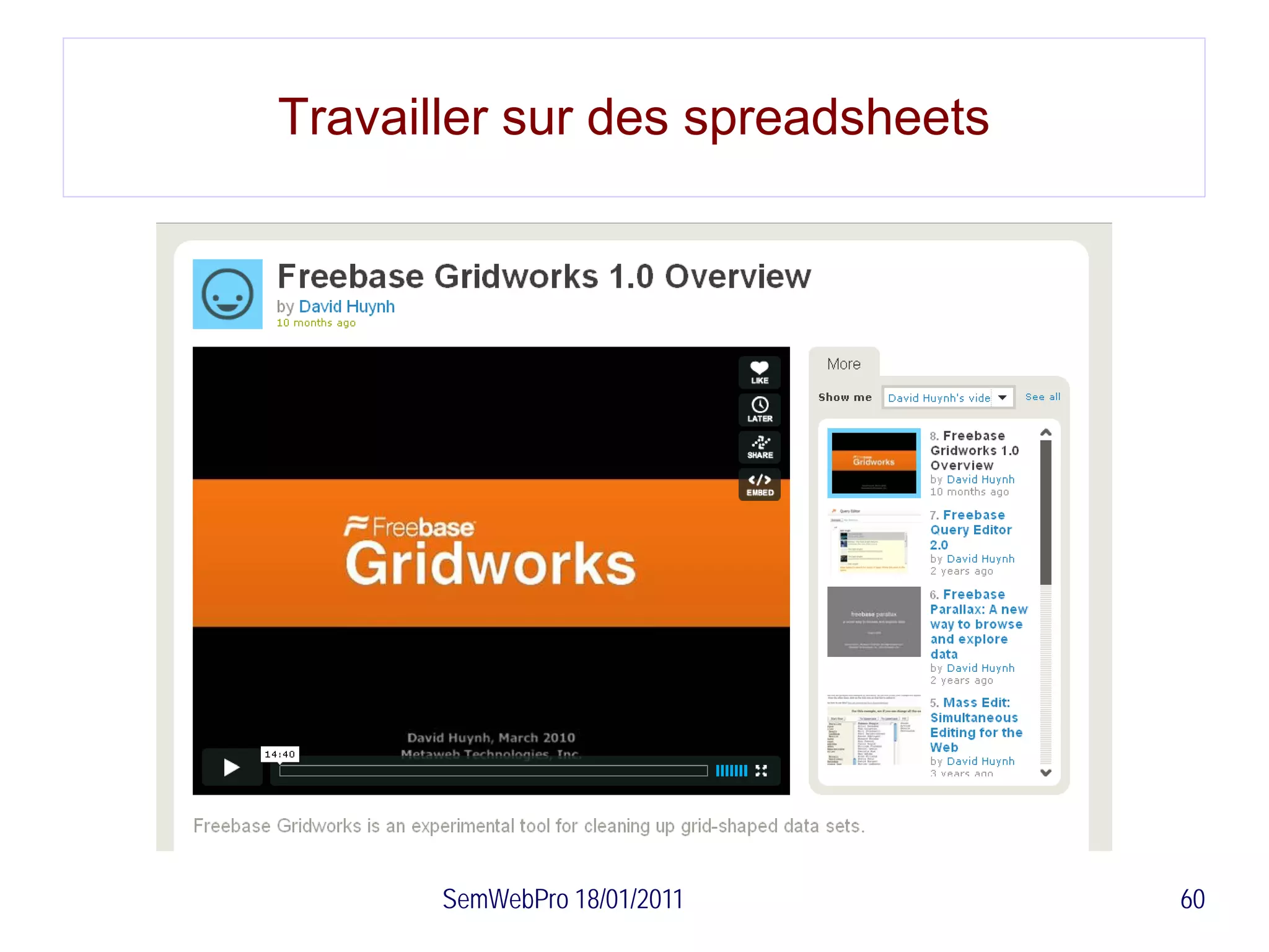 Travailler sur des spreadsheets




       SemWebPro 18/01/2011       60
 