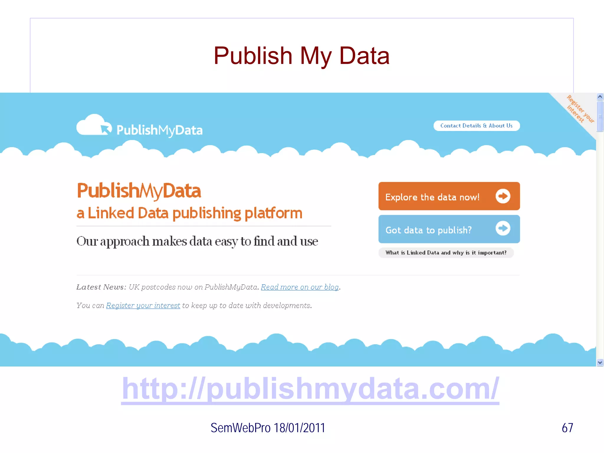 Publish My Data




http://publishmydata.com/
     SemWebPro 18/01/2011   67
 