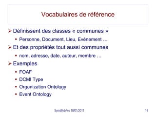 Vocabulaires de référence

 Définissent des classes « communes »
   Personne, Document, Lieu, Evénement …
 Et des propriétés tout aussi communes
   nom, adresse, date, auteur, membre …
 Exemples
   FOAF
   DCMI Type
   Organization Ontology
   Event Ontology


                     SemWebPro 18/01/2011   19
 