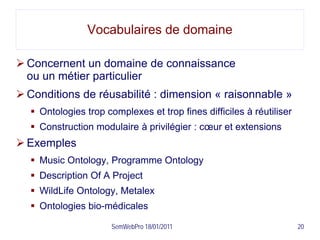 Vocabulaires de domaine

 Concernent un domaine de connaissance
  ou un métier particulier
 Conditions de réusabilité : dimension « raisonnable »
   Ontologies trop complexes et trop fines difficiles à réutiliser
   Construction modulaire à privilégier : cœur et extensions
 Exemples
   Music Ontology, Programme Ontology
   Description Of A Project
   WildLife Ontology, Metalex
   Ontologies bio-médicales

                      SemWebPro 18/01/2011                            20
 