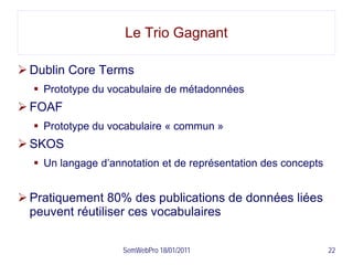 Le Trio Gagnant

 Dublin Core Terms
   Prototype du vocabulaire de métadonnées
 FOAF
   Prototype du vocabulaire « commun »
 SKOS
   Un langage d’annotation et de représentation des concepts


 Pratiquement 80% des publications de données liées
  peuvent réutiliser ces vocabulaires

                    SemWebPro 18/01/2011                        22
 