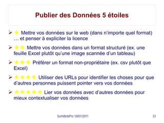 Publier des Données 5 étoiles

 ★ Mettre vos données sur le web (dans n’importe quel format)
  … et penser à expliciter la licence
 ★★ Mettre vos données dans un format structuré (ex. une
  feuille Excel plutôt qu’une image scannée d’un tableau)
 ★★★ Préférer un format non-propriétaire (ex. csv plutôt que
  Excel)
 ★★★★ Utiliser des URLs pour identifier les choses pour que
  d’autres personnes puissent pointer vers vos données
 ★★★★★ Lier vos données avec d’autres données pour
  mieux contextualiser vos données


                      SemWebPro 18/01/2011                       33
 