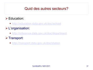 Quid des autres secteurs?

 Education:
   http://education.data.gov.uk/doc/school
 L’organisation:
   http://reference.data.gov.uk/doc/department
 Transport:
   http://transport.data.gov.uk/doc/station




                     SemWebPro 18/01/2011         37
 