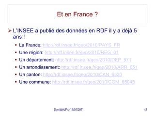 Et en France ?

 L’INSEE a publié des données en RDF il y a déjà 5
  ans !
   La France: http://rdf.insee.fr/geo/2010/PAYS_FR
   Une région: http://rdf.insee.fr/geo/2010/REG_01
   Un département: http://rdf.insee.fr/geo/2010/DEP_971
   Un arrondissement: http://rdf.insee.fr/geo/2010/ARR_651
   Un canton: http://rdf.insee.fr/geo/2010/CAN_6520
   Une commune: http://rdf.insee.fr/geo/2010/COM_65045




                    SemWebPro 18/01/2011                      41
 