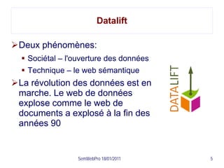 Datalift

Deux phénomènes:
   Sociétal – l'ouverture des données
   Technique – le web sémantique
La révolution des données est en
 marche. Le web de données
 explose comme le web de
 documents a explosé à la fin des
 années 90


                  SemWebPro 18/01/2011   5
 