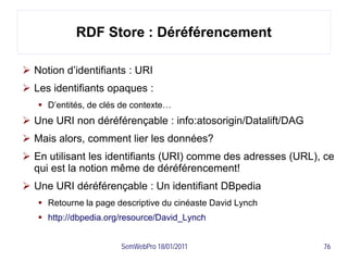 RDF Store : Déréférencement

 Notion d’identifiants : URI
 Les identifiants opaques :
    D’entités, de clés de contexte…
 Une URI non déréférençable : info:atosorigin/Datalift/DAG
 Mais alors, comment lier les données?
 En utilisant les identifiants (URI) comme des adresses (URL), ce
  qui est la notion même de déréférencement!
 Une URI déréférençable : Un identifiant DBpedia
    Retourne la page descriptive du cinéaste David Lynch
    http://dbpedia.org/resource/David_Lynch


                       SemWebPro 18/01/2011                    76
 