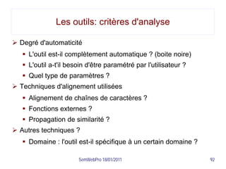 Les outils: critères d'analyse

 Degré d'automaticité
    L'outil est-il complètement automatique ? (boite noire)
    L'outil a-t'il besoin d'être paramétré par l'utilisateur ?
    Quel type de paramètres ?
 Techniques d'alignement utilisées
    Alignement de chaînes de caractères ?
    Fonctions externes ?
    Propagation de similarité ?
 Autres techniques ?
    Domaine : l'outil est-il spécifique à un certain domaine ?

                       SemWebPro 18/01/2011                       92
 