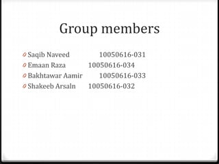 Group members
0 Saqib Naveed       10050616-031
0 Emaan Raza      10050616-034
0 Bakhtawar Aamir    10050616-033
0 Shakeeb Arsaln  10050616-032
 