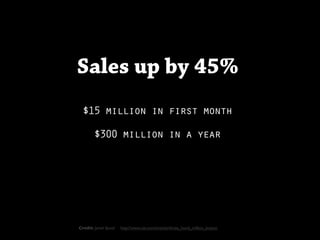 Sales up by 45%
 $15 million in first month

        $300 million in a year




Credit: Jared Spool   http://www.uie.com/articles/three_hund_million_button
 