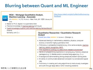陳昇瑋 / 人工智慧民主化在台灣
Blurring between Quant and ML Engineer
189
https://www.indeed.com/jobs?q=Machine%20Learning
%20Quant
 