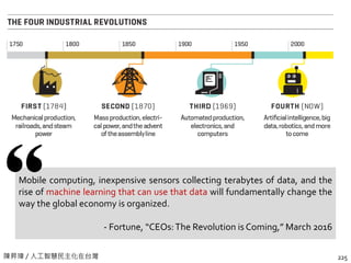 陳昇瑋 / 人工智慧民主化在台灣 225
Mobile computing, inexpensive sensors collecting terabytes of data, and the
rise of machine learning that can use that data will fundamentally change the
way the global economy is organized.
- Fortune, “CEOs:The Revolution is Coming,” March 2016
 