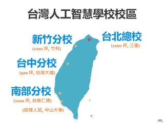 台灣人工智慧學校校區
285
台北總校新竹分校
台中分校
南部分校
(1000 坪, 三重)
(1200 坪, 竹科)
(900 坪, 台灣大道)
(1000 坪, 台南仁德)
(經理人班, 中山大學)
 