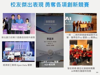 校友傑出表現 勇奪各項創新競賽
319
新北創力坊第八屆最佳技術升級獎
智在家鄉-數位社會創新競賽
AI神農氏獲選特別獎
工研院 Aidea 競賽
AOI 組冠軍經濟部工業局 Open Data 優勝
一期、二期同學親愛精誠聯手出
擊，獲得佳作x2 優勝 x 2 銅牌x1
 