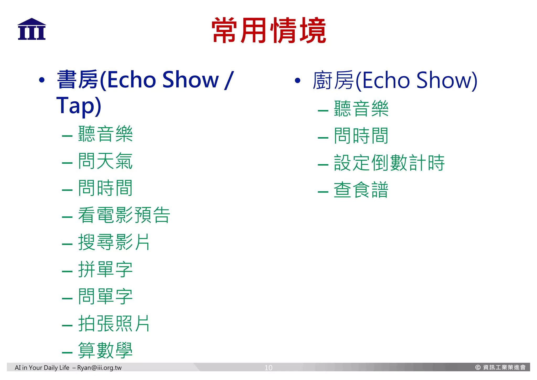 AI in Your Daily Life – Ryan@iii.org.tw
常用情境
• 書房(Echo Show /
Tap)
– 聽音樂
– 問天氣
– 問時間
– 看電影預告
– 搜尋影片
– 拼單字
– 問單字
– 拍張照片
– 算數學
• 廚房(Echo Show)
– 聽音樂
– 問時間
– 設定倒數計時
– 查食譜
10
 