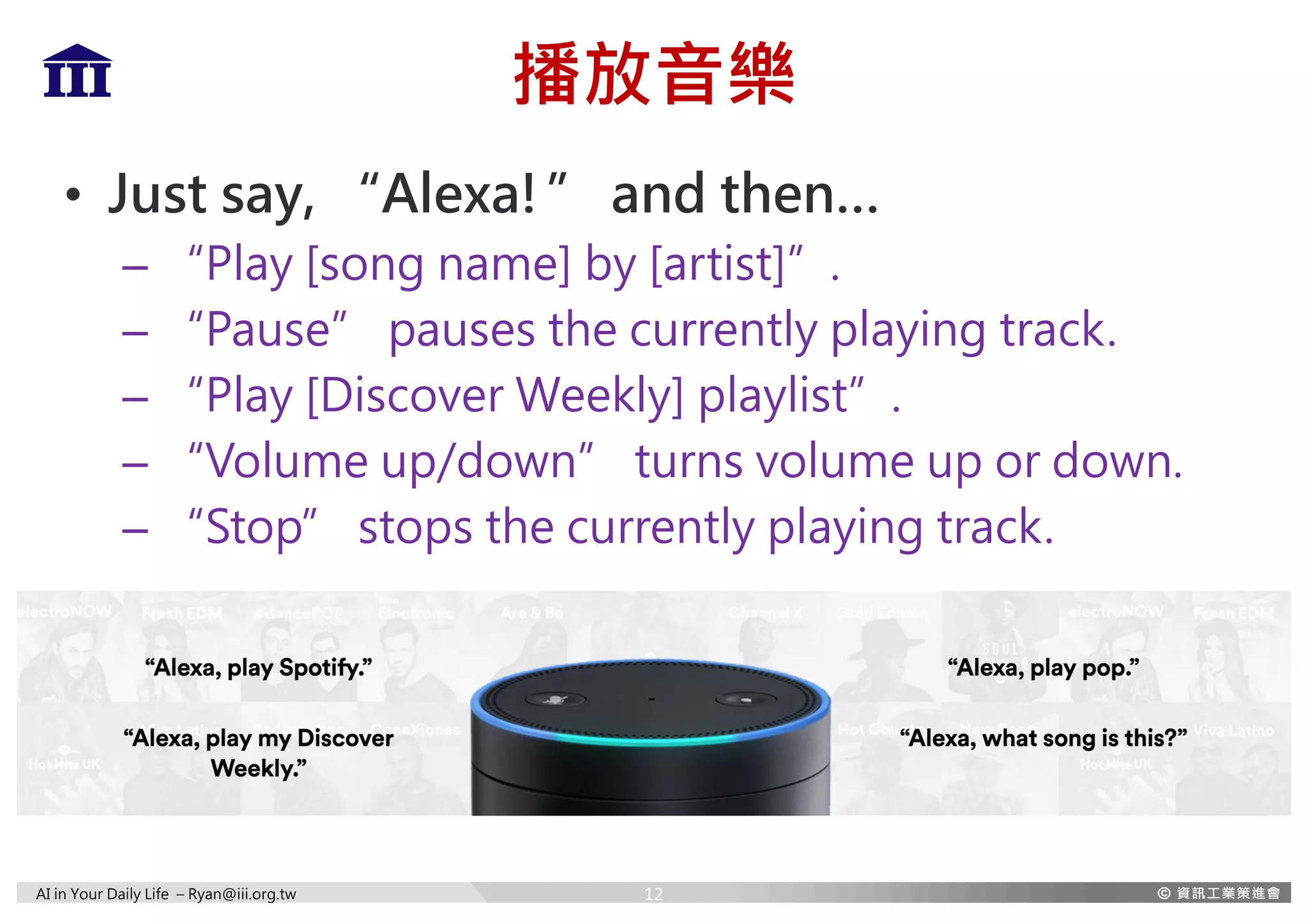 AI in Your Daily Life – Ryan@iii.org.tw
播放音樂
• Just say, “Alexa!” and then…
– “Play [song name] by [artist]”.
– “Pause” pauses the currently playing track.
– “Play [Discover Weekly] playlist”.
– “Volume up/down” turns volume up or down.
– “Stop” stops the currently playing track.
12
 