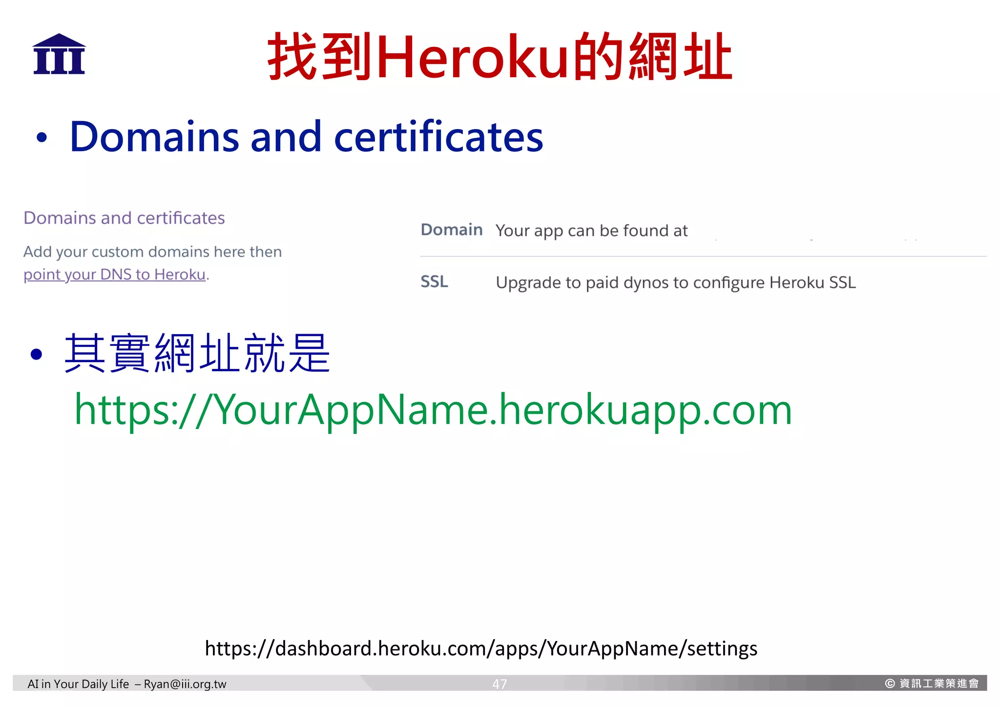 AI in Your Daily Life – Ryan@iii.org.tw
找到Heroku的網址
• Domains and certificates
https://dashboard.heroku.com/apps/YourAppName/settings
• 其實網址就是
https://YourAppName.herokuapp.com
47
 