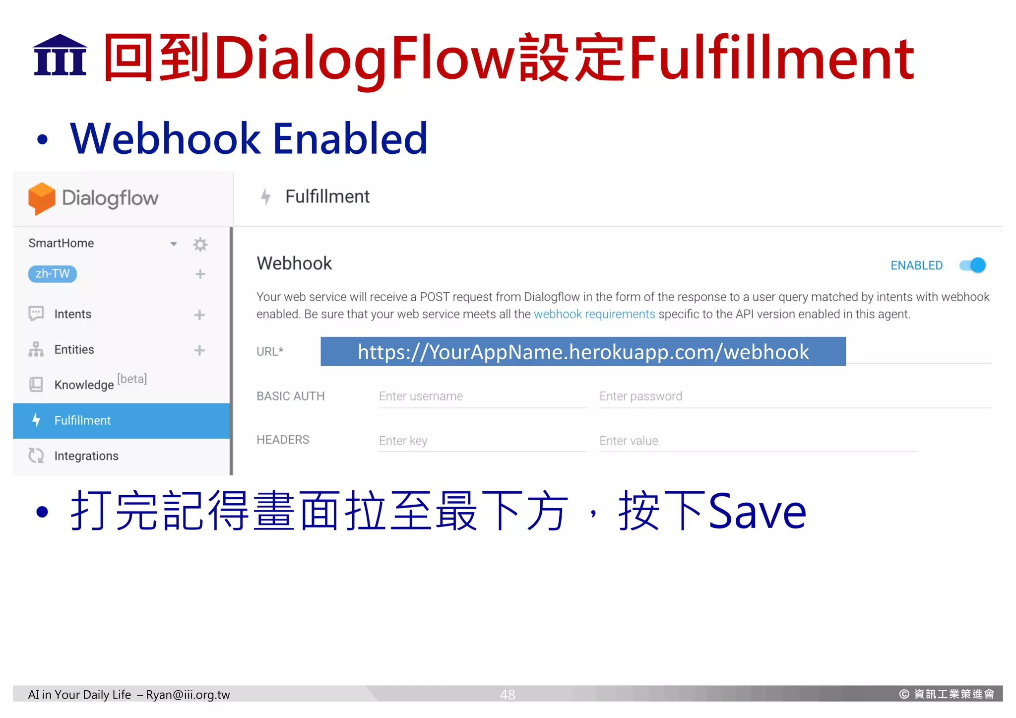 AI in Your Daily Life – Ryan@iii.org.tw
回到DialogFlow設定Fulfillment
• Webhook Enabled
https://YourAppName.herokuapp.com/webhook
• 打完記得畫面拉至最下方，按下Save
48
 
