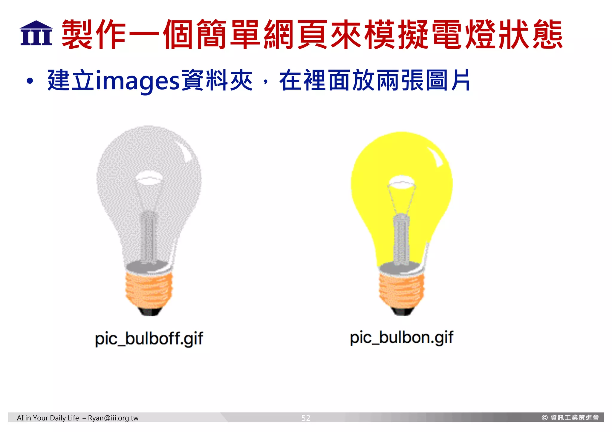 AI in Your Daily Life – Ryan@iii.org.tw
製作一個簡單網頁來模擬電燈狀態
• 建立images資料夾，在裡面放兩張圖片
52
 