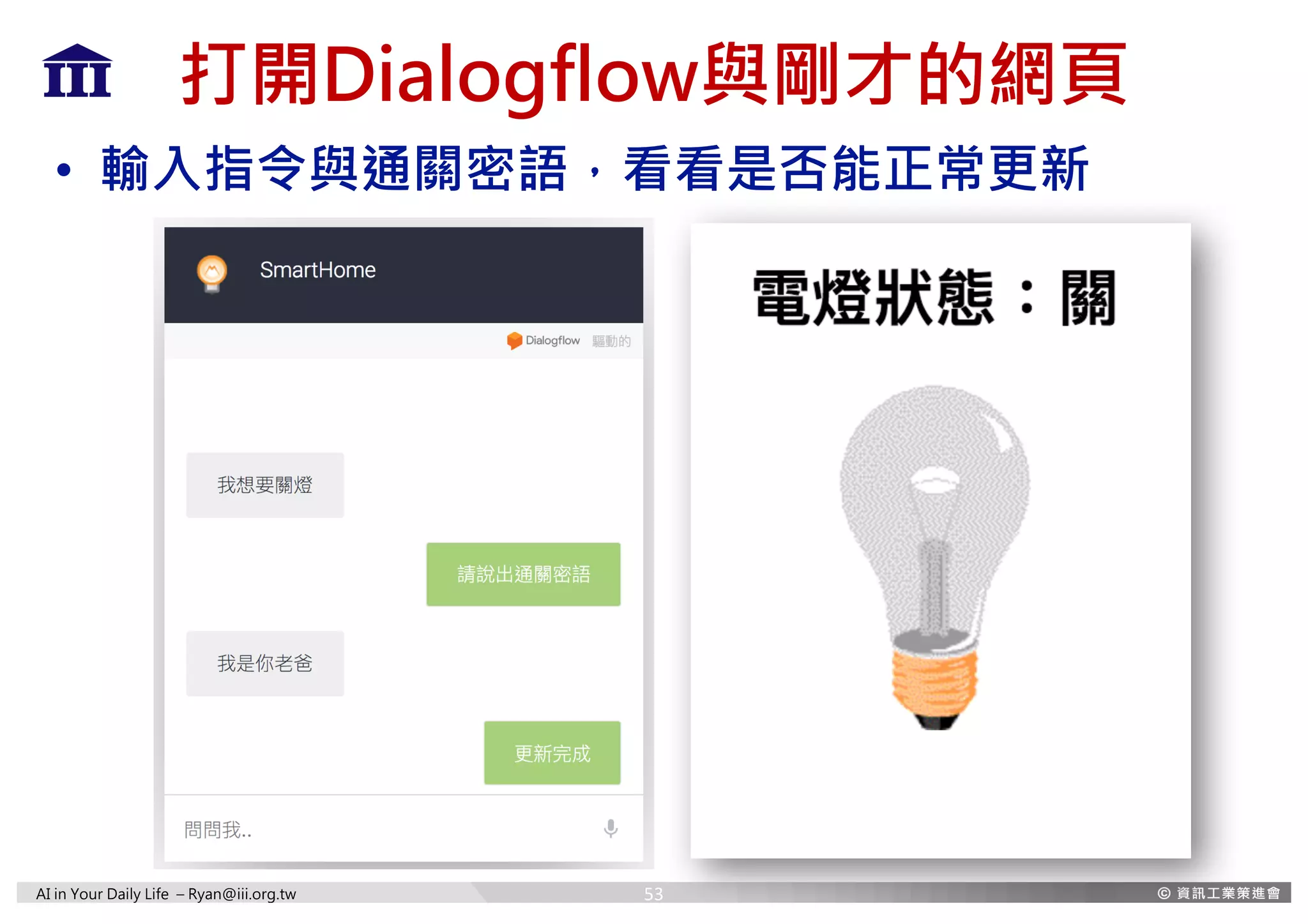 AI in Your Daily Life – Ryan@iii.org.tw
打開Dialogflow與剛才的網頁
• 輸入指令與通關密語，看看是否能正常更新
53
 